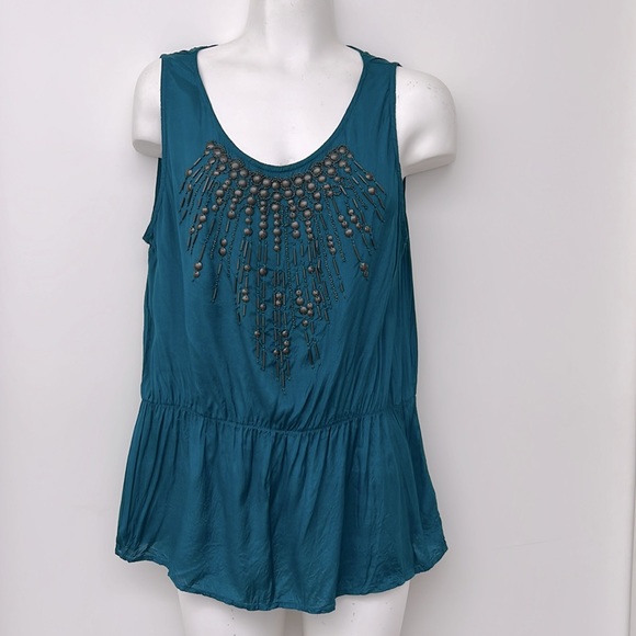 DKNY silky beaded tank, teal blue top green, Tank Top, sleeveless, beaded top - Picture 5 of 9
